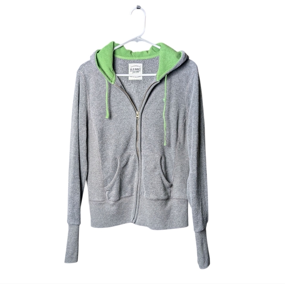 Old Navy Gray Hoodie Green Lining Women's L Drawstring Hood Full Zipper Front - Picture 3 of 10